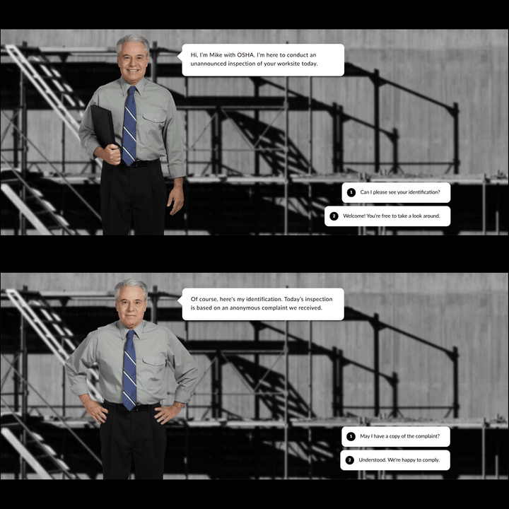 Scenario-based regulatory eLearning showing an inspector and learner decision points